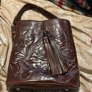 Patricia Nash Otavia Cut Out Tooling Leather Bucket Bag in British Tan Brown